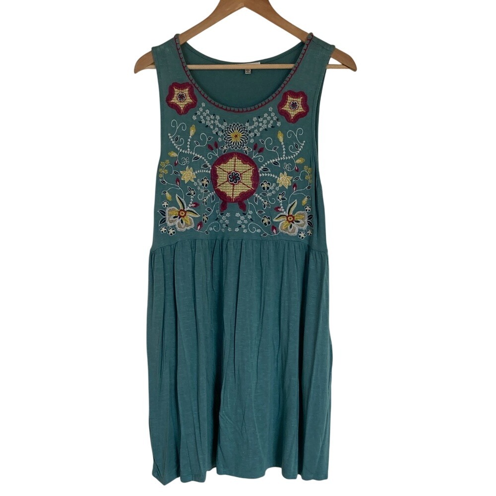 Jodifl Womens Teal Embroidered Sleeveless Dress‎ Size M Boho Summer Casual Short